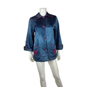 Vintage 50s Blue Bed Jacket Womens M Quilted Embroidered Pink Bows Mid Century S